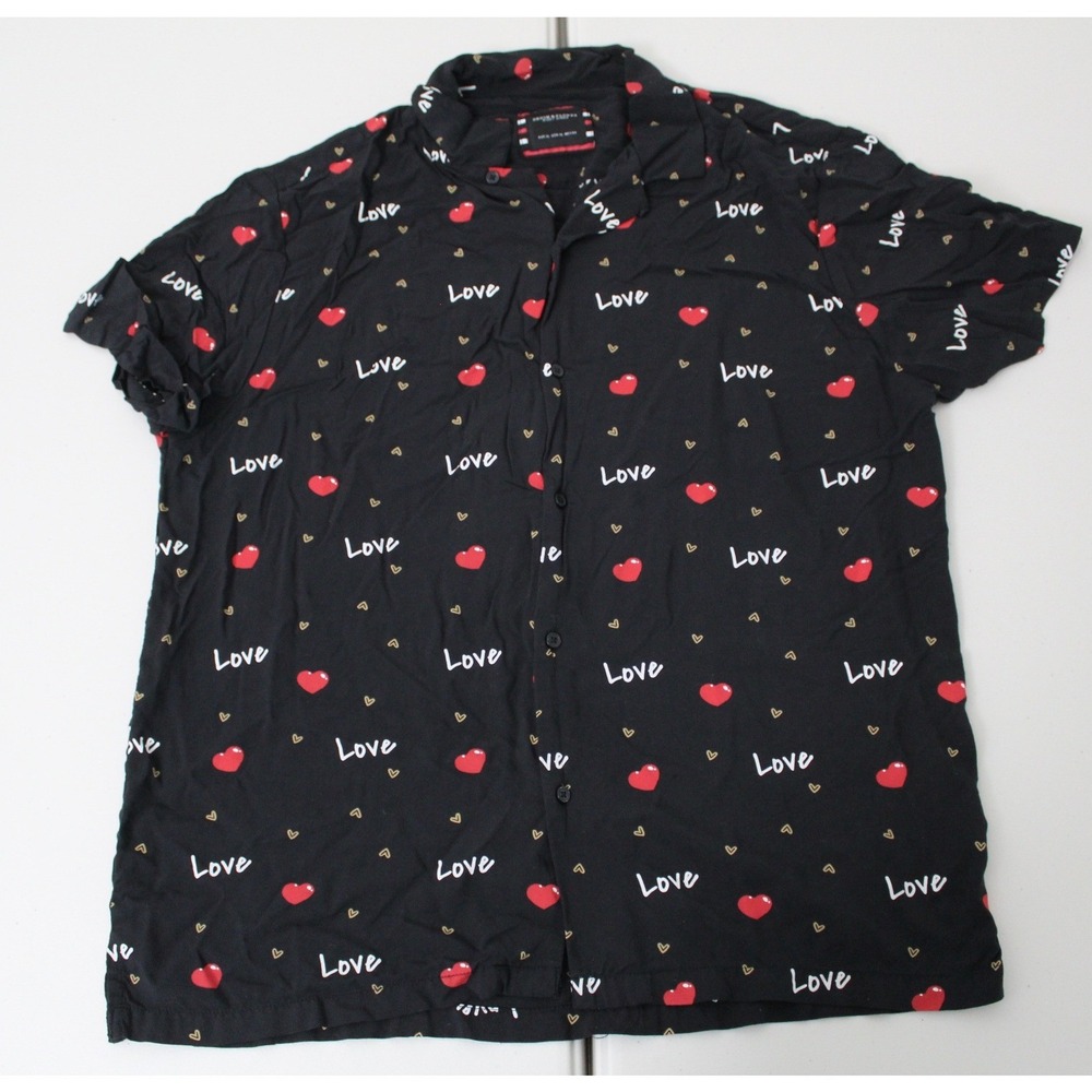 Denim & Flower Ricky Singh Mens XL Black Heart Love Print Short Sleeve Shirt